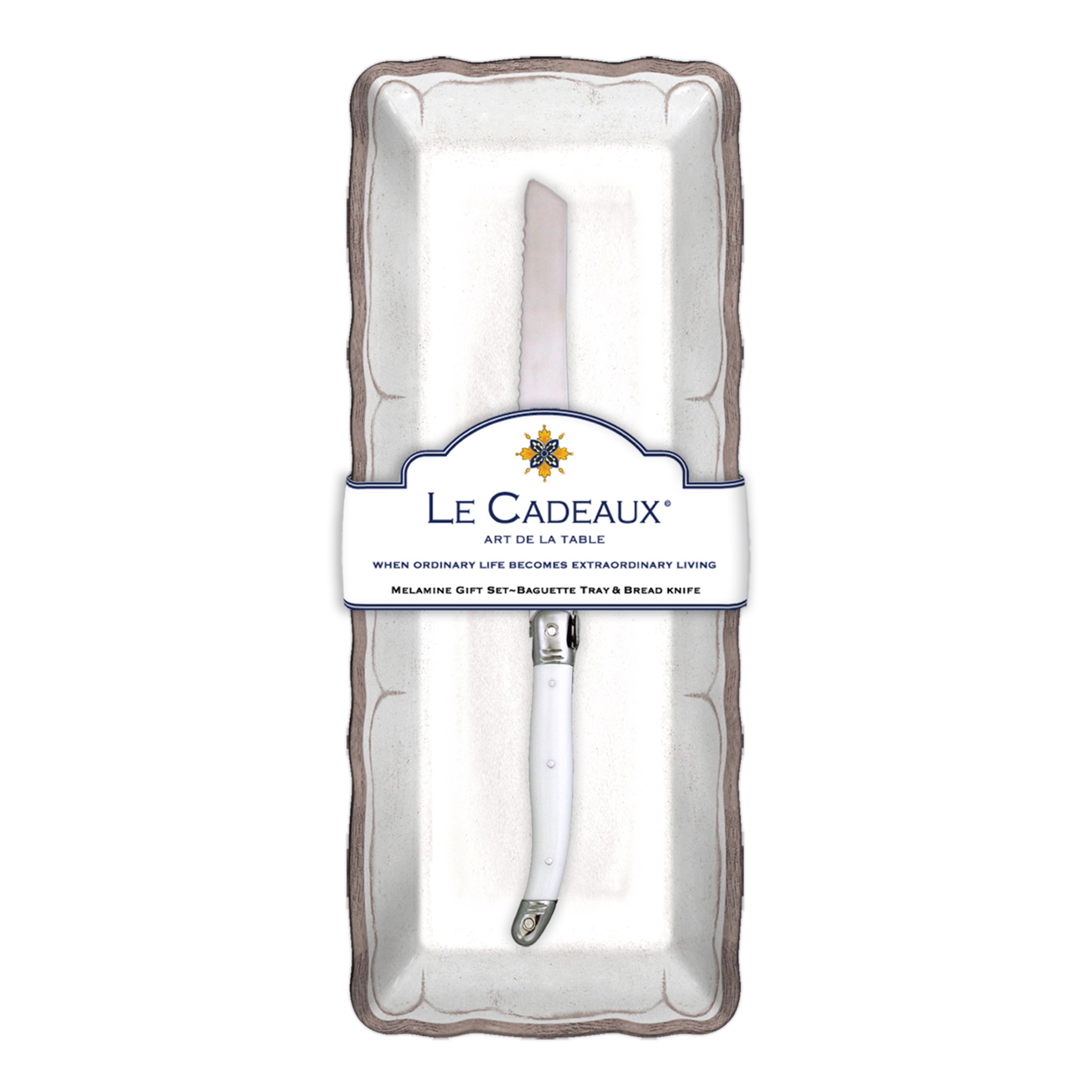 Le Cadeaux Rustica Antique White Melamine Baguette Tray with White